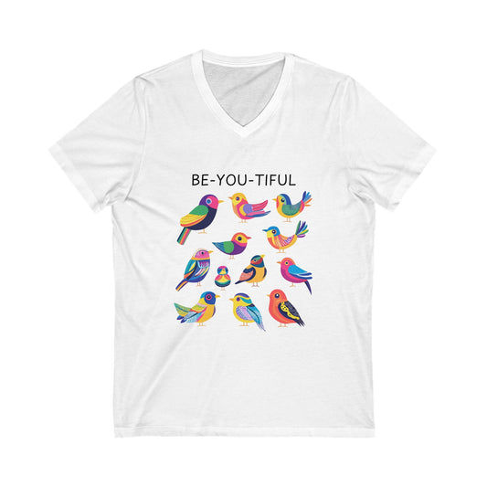 BE-YOU-TIFUL Bird V-Neck T-Shirt | Colorful Rainbow Birds Self-Love Tee