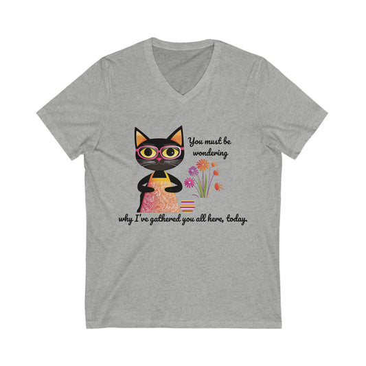 Book Club Cat V-Neck T-Shirt | Literary Pet Humor | Book Lover Gift Unisex Tee