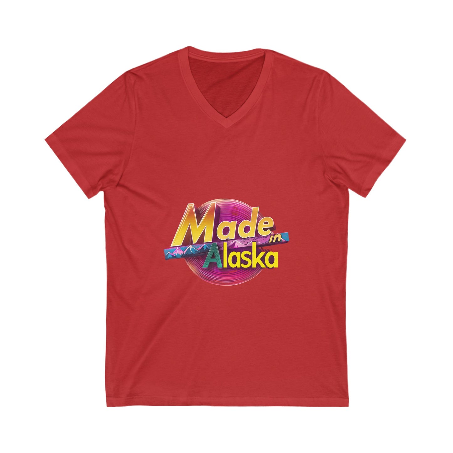 Made in Alaska V-Neck T-Shirt | Retro Mountain Sunset Design | State Pride Unisex Tee