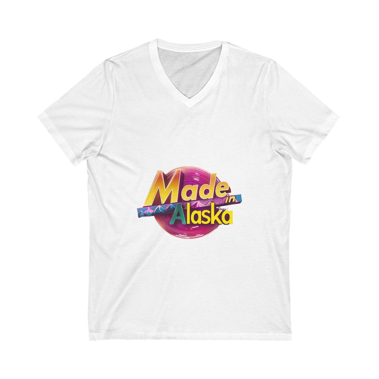 Made in Alaska V-Neck T-Shirt | Retro Mountain Sunset Design | State Pride Unisex Tee