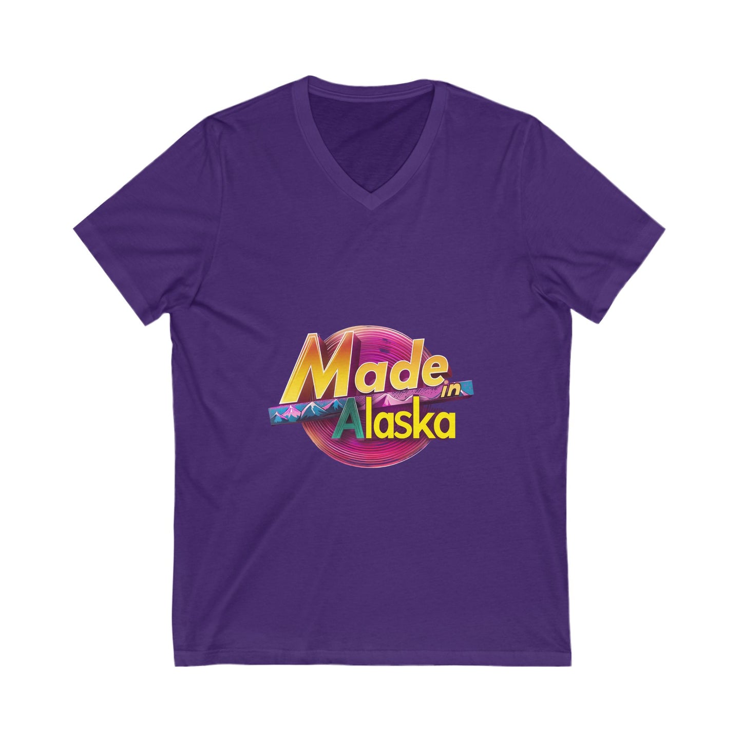 Made in Alaska V-Neck T-Shirt | Retro Mountain Sunset Design | State Pride Unisex Tee