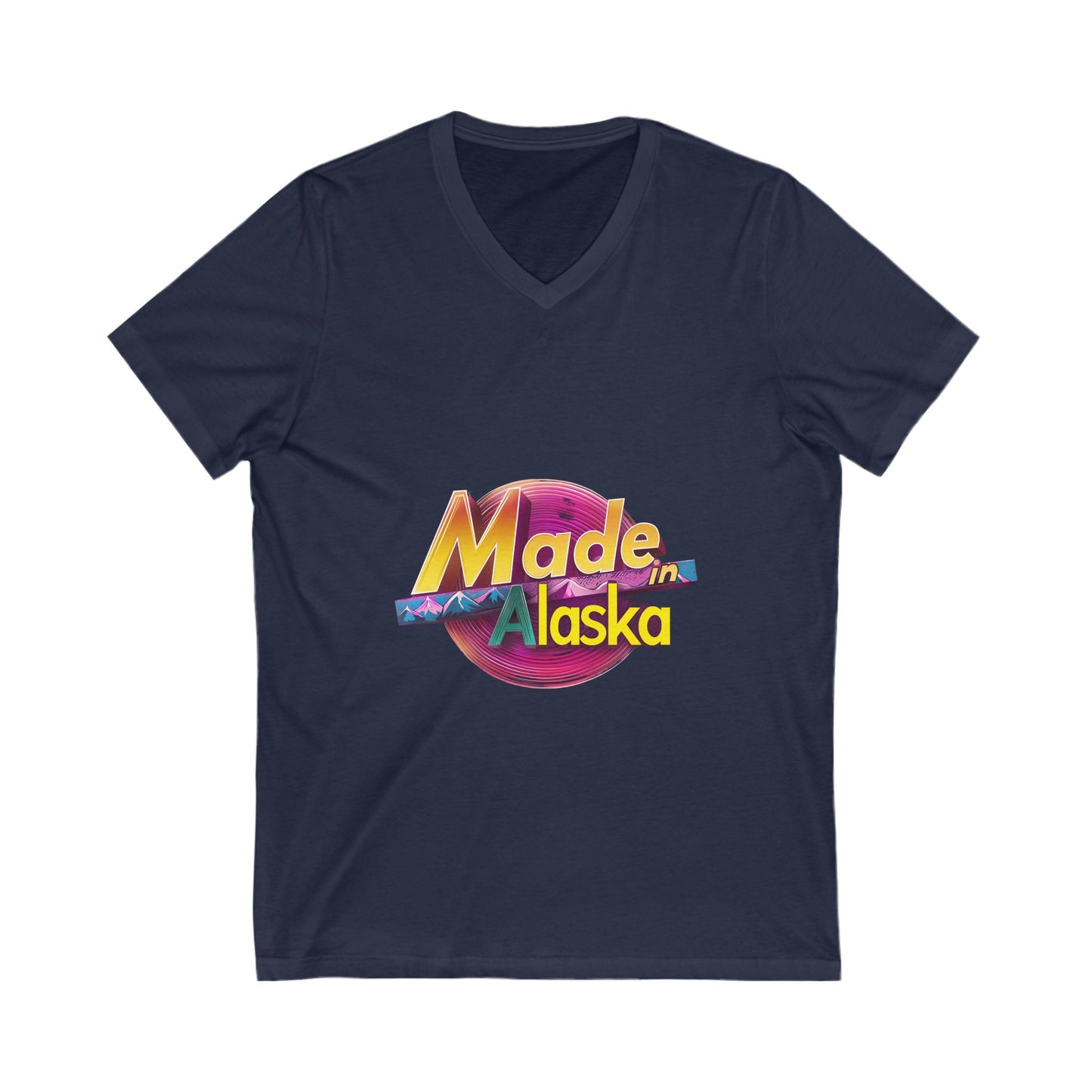 Made in Alaska V-Neck T-Shirt | Retro Mountain Sunset Design | State Pride Unisex Tee