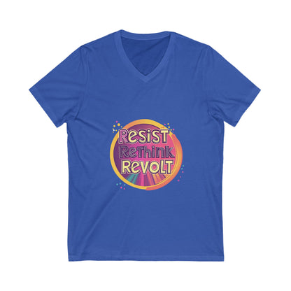 Resist Rethink Revolt V-Neck T-Shirt | Retro Activist Circle Design | Progressive Unisex Tee