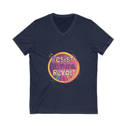 Resist Rethink Revolt V-Neck T-Shirt | Retro Activist Circle Design | Progressive Unisex Tee