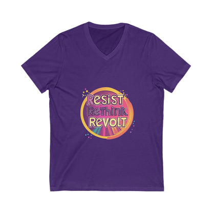 Resist Rethink Revolt V-Neck T-Shirt | Retro Activist Circle Design | Progressive Unisex Tee