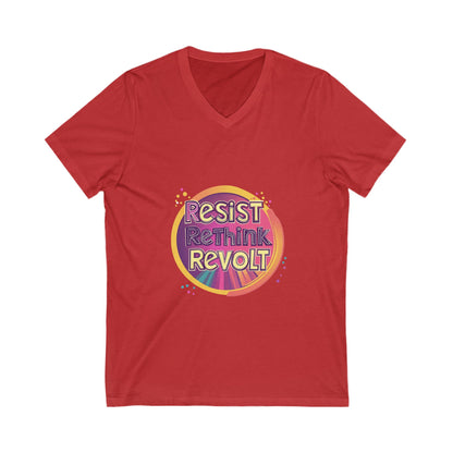 Resist Rethink Revolt V-Neck T-Shirt | Retro Activist Circle Design | Progressive Unisex Tee