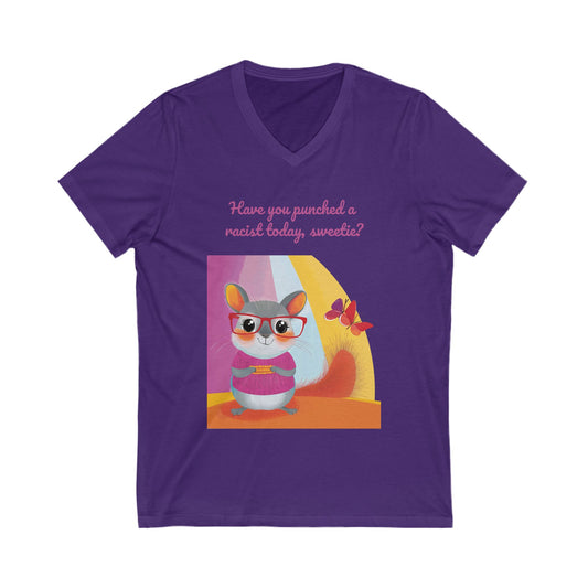 Anti-Racist Kawaii Cat V-Neck Tee | Cute Activist Hamster T-Shirt