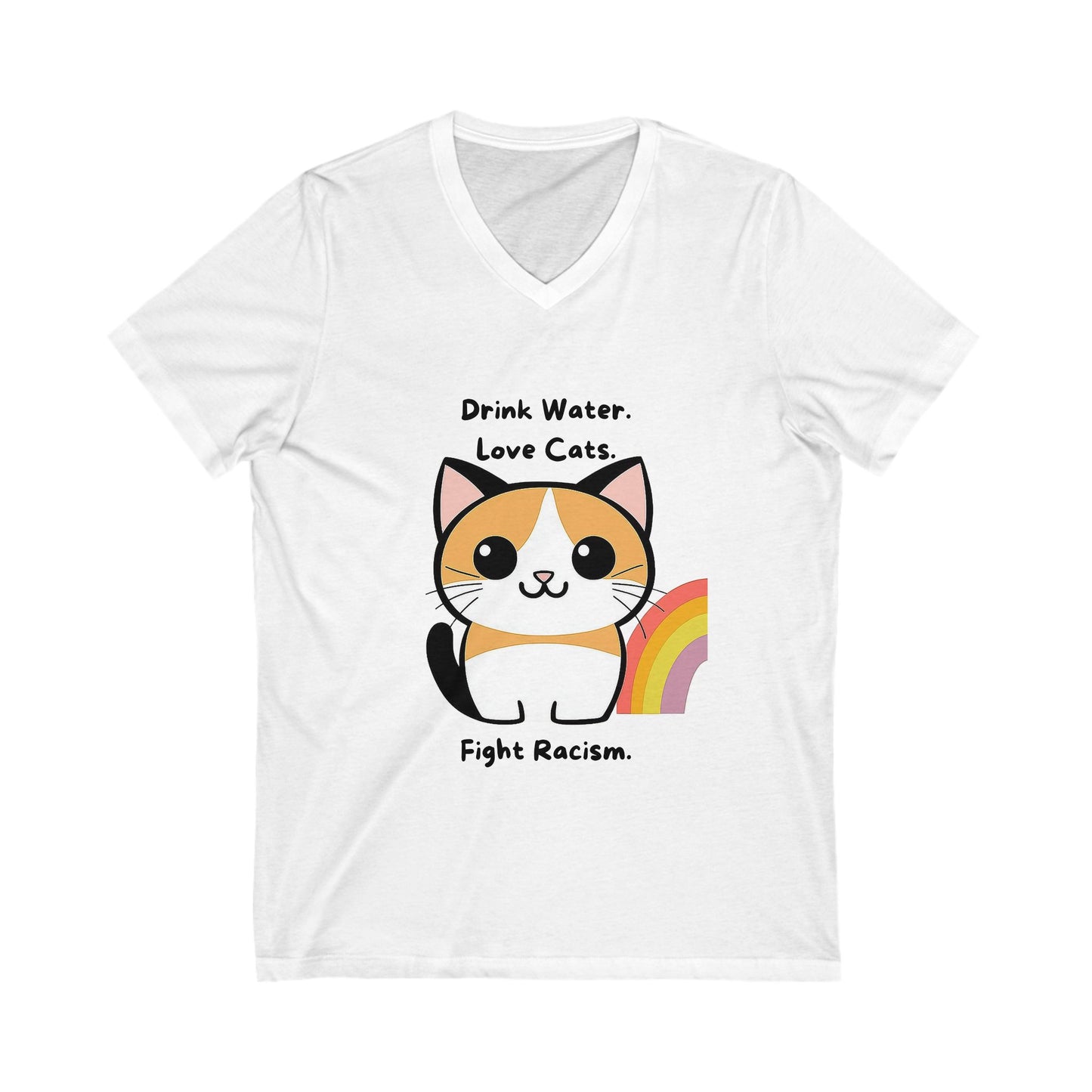 Kawaii Cat Anti-Racism V-Neck T-Shirt | Cute Activist Pet Lover Tee