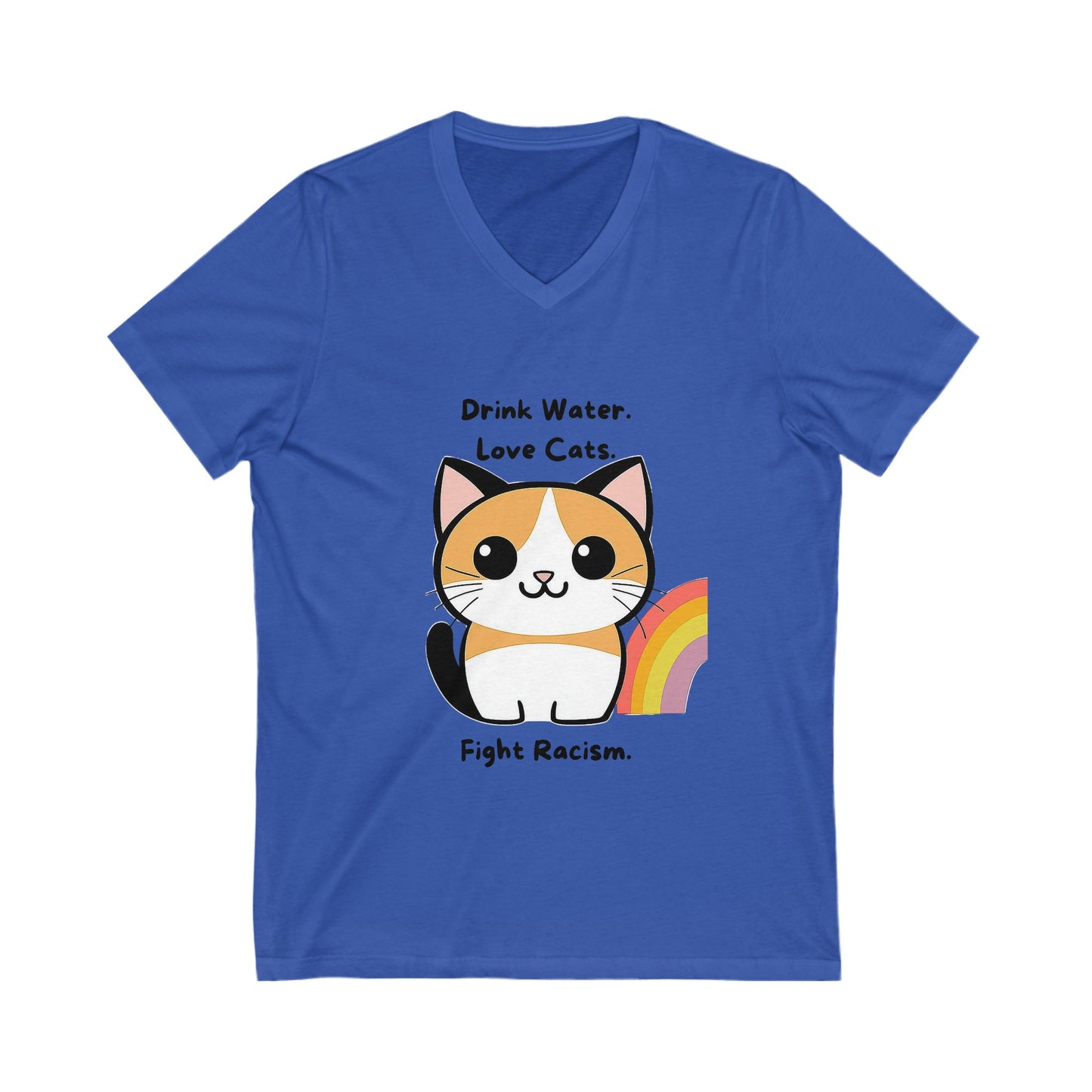 Kawaii Cat Anti-Racism V-Neck T-Shirt | Cute Activist Pet Lover Tee