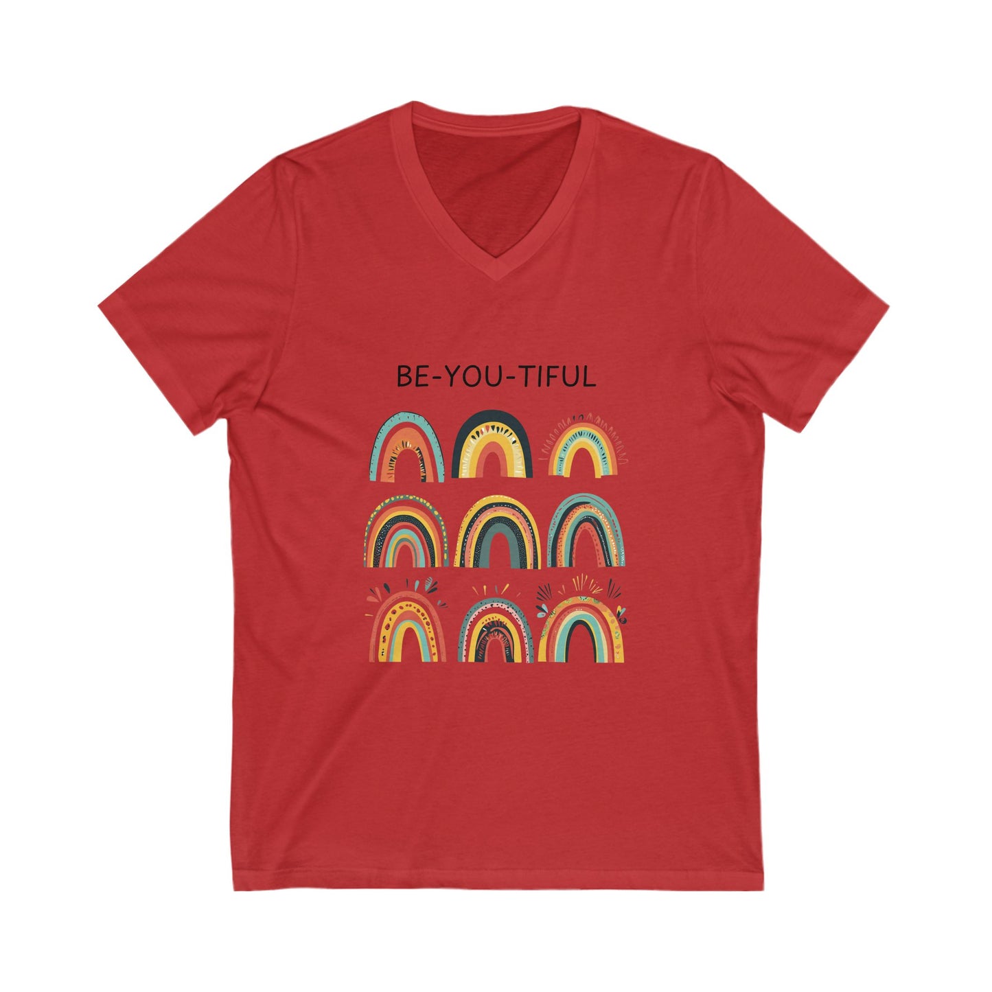 Be-You-Tiful Rainbow V-Neck Tee | Inspirational Boho Art | Self Love Unisex T-Shirt