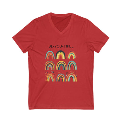 Be-You-Tiful Rainbow V-Neck Tee | Inspirational Boho Art | Self Love Unisex T-Shirt
