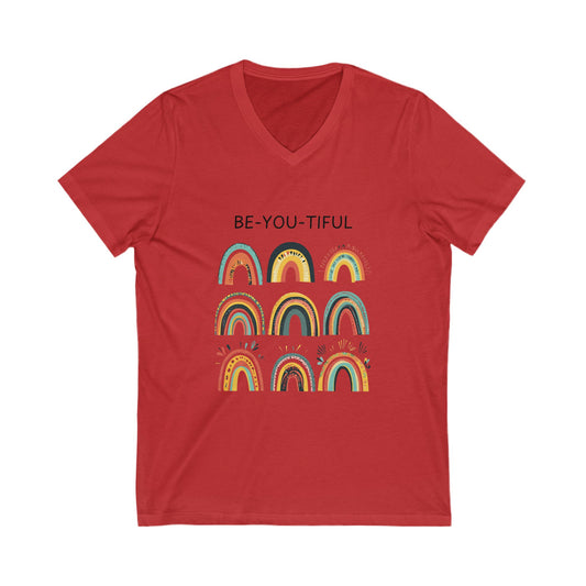 Be-You-Tiful Rainbow V-Neck Tee | Inspirational Boho Art | Self Love Unisex T-Shirt