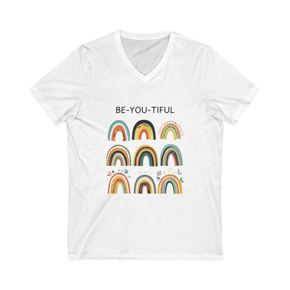 Be-You-Tiful Rainbow V-Neck Tee | Inspirational Boho Art | Self Love Unisex T-Shirt