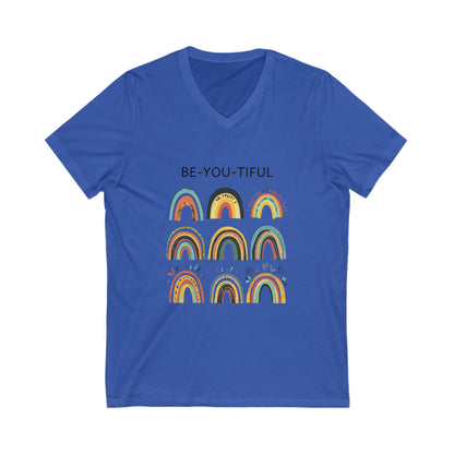 Be-You-Tiful Rainbow V-Neck Tee | Inspirational Boho Art | Self Love Unisex T-Shirt