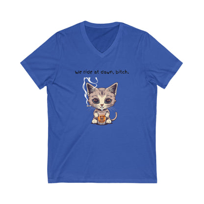 Dawn Rider Cat V-Neck Tee | Coffee Loving Kitten | Funny Cat Shirt