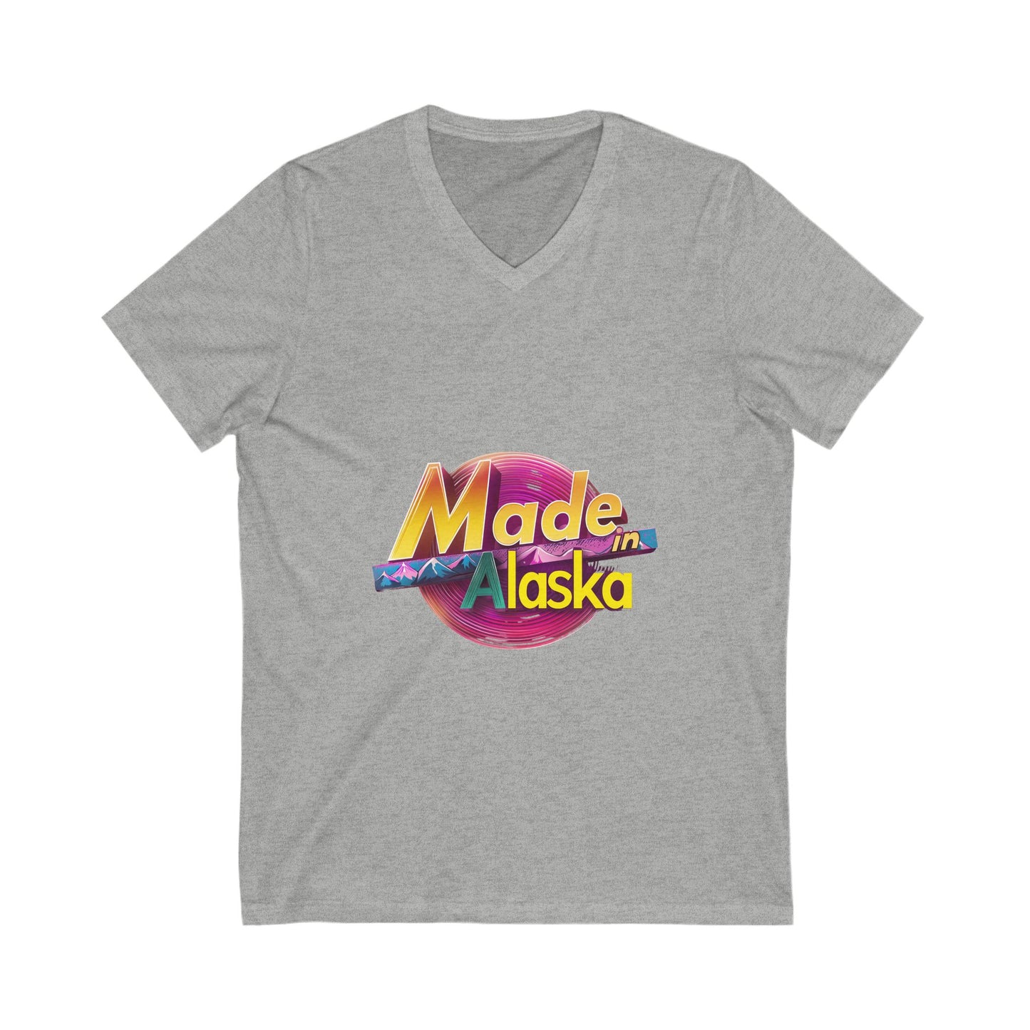 Made in Alaska V-Neck T-Shirt | Retro Mountain Sunset Design | State Pride Unisex Tee