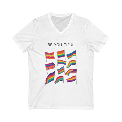 BE-YOU-TIFUL Pride Flag V-Neck T-Shirt | LGBTQ+ Rainbow Design | Inclusive Message Tee