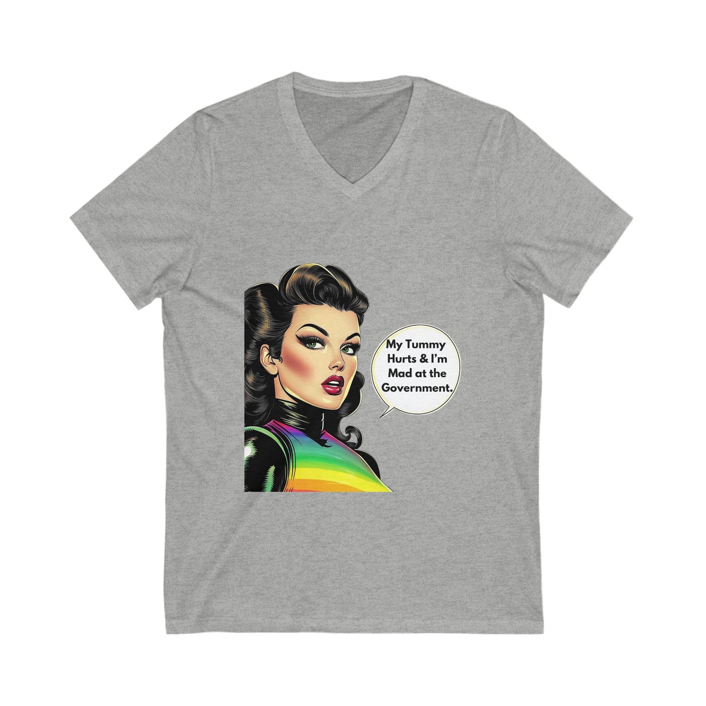 Retro Pin-Up "Mad at Government" V-Neck Tee | Vintage Activist Rainbow T-Shirt