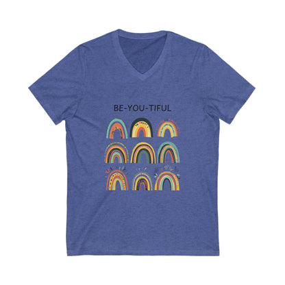 Be-You-Tiful Rainbow V-Neck Tee | Inspirational Boho Art | Self Love Unisex T-Shirt