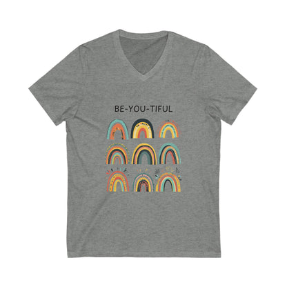 Be-You-Tiful Rainbow V-Neck Tee | Inspirational Boho Art | Self Love Unisex T-Shirt