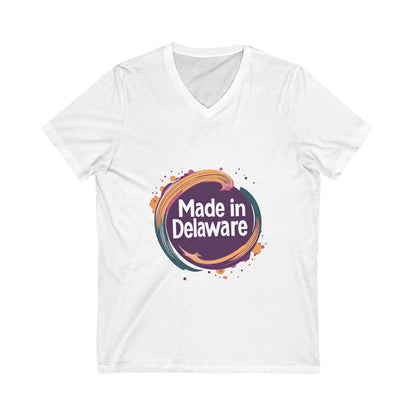 Made in Delaware V-Neck T-Shirt | Modern State Pride Design | Unisex Bella Canvas Tee