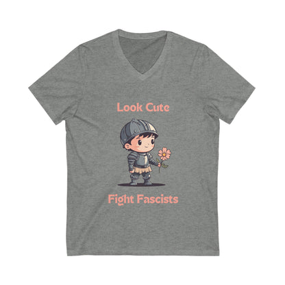 Look Cute Fight Fascists | Kawaii Warrior V-Neck Tee | Bella+Canvas 3005