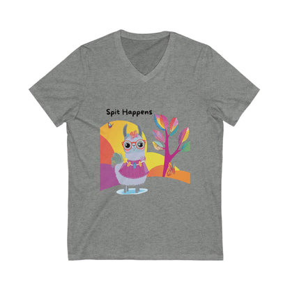 Spit Happens Kawaii Llama V-Neck T-Shirt | Cute Whimsical Animal Unisex Tee