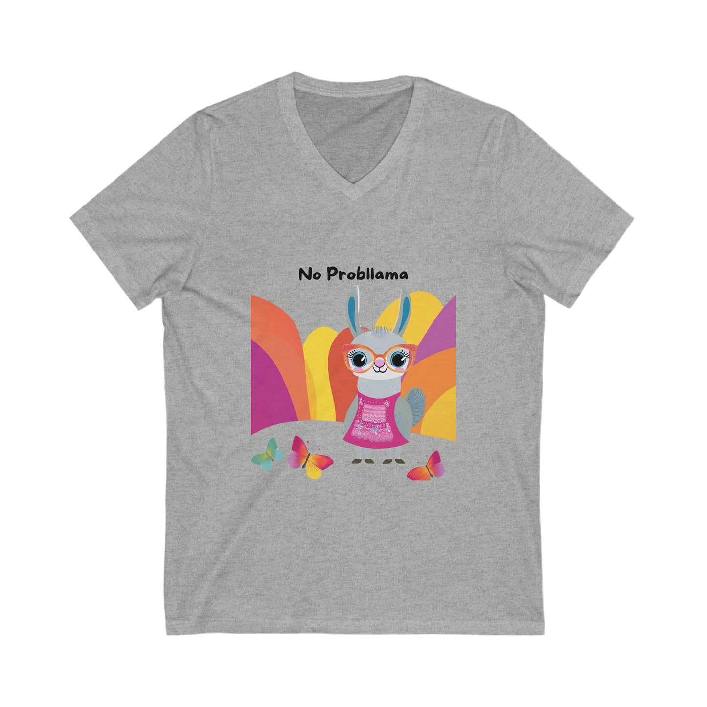 No Probllama Kawaii Bunny V-Neck | Cute Rainbow Positivity Tee