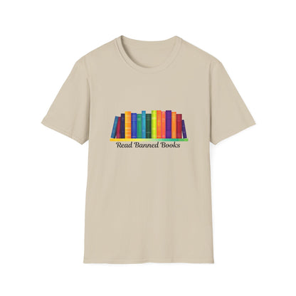 Read Banned Books Rainbow Bookshelf T-Shirt | Literary Activism Tee