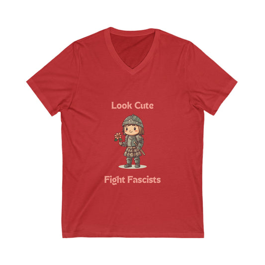Look Cute Fight Fascists V-Neck | Kawaii Warrior Anti-Fascist T-Shirt