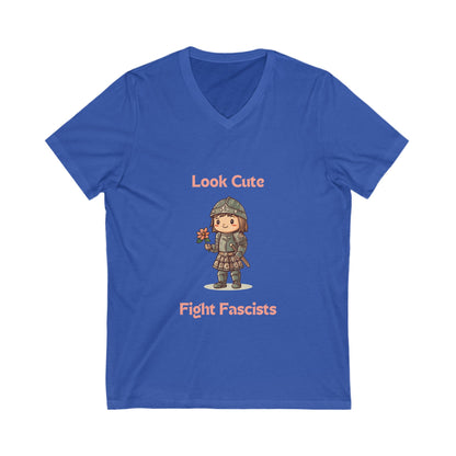 Look Cute Fight Fascists V-Neck | Kawaii Warrior Anti-Fascist T-Shirt