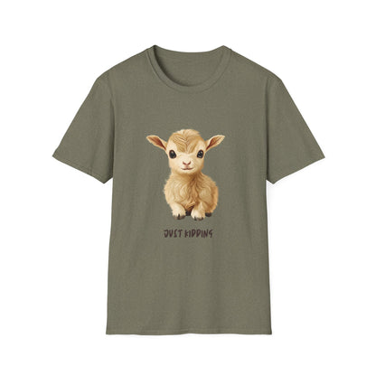 Just Kidding Baby Goat T-Shirt | Cute Farm Animal Pun Tee | Kawaii Goat Design