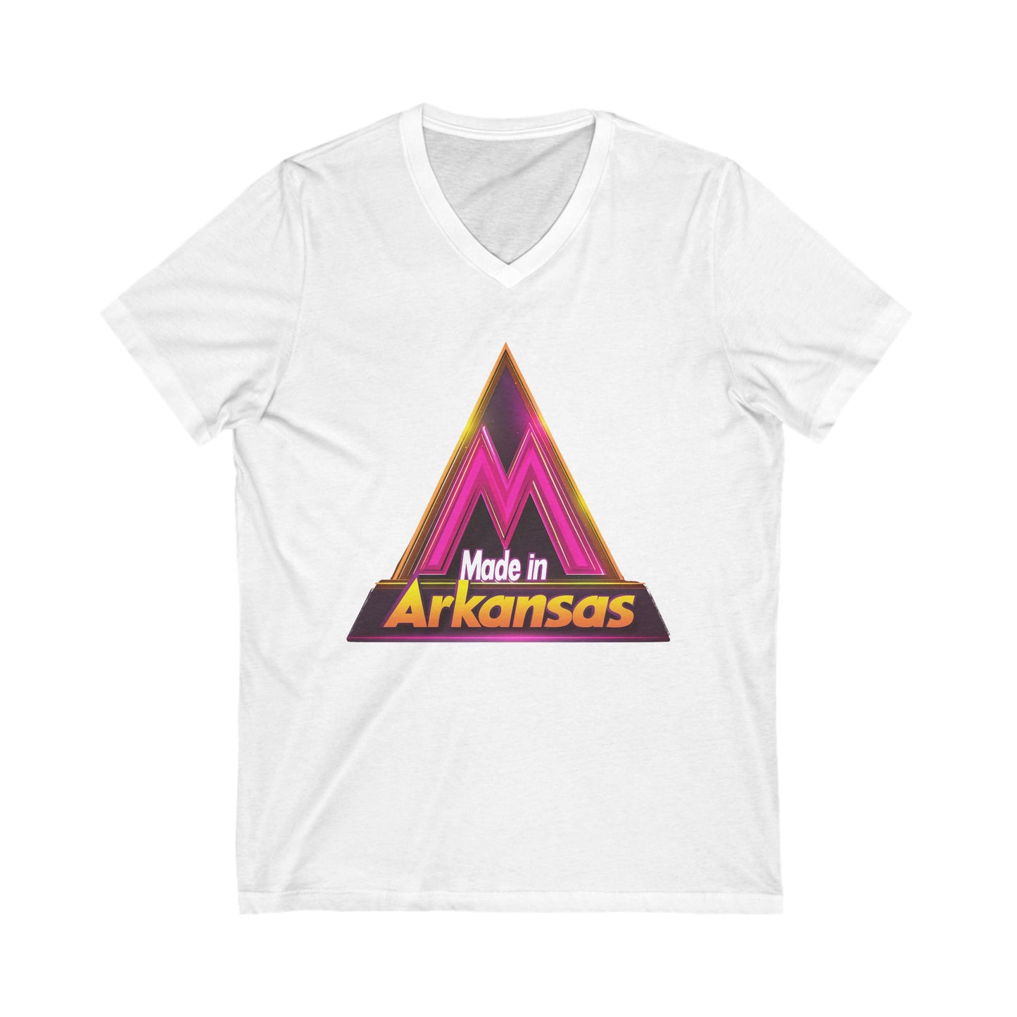 Made in Arkansas Retro Triangle V-Neck | Metallic Pink & Gold State Pride Tee