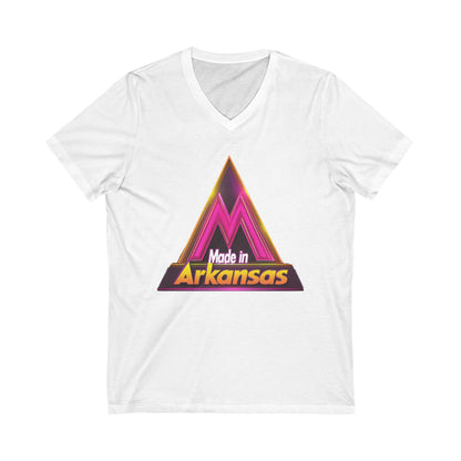 Made in Arkansas Retro Triangle V-Neck | Metallic Pink & Gold State Pride Tee