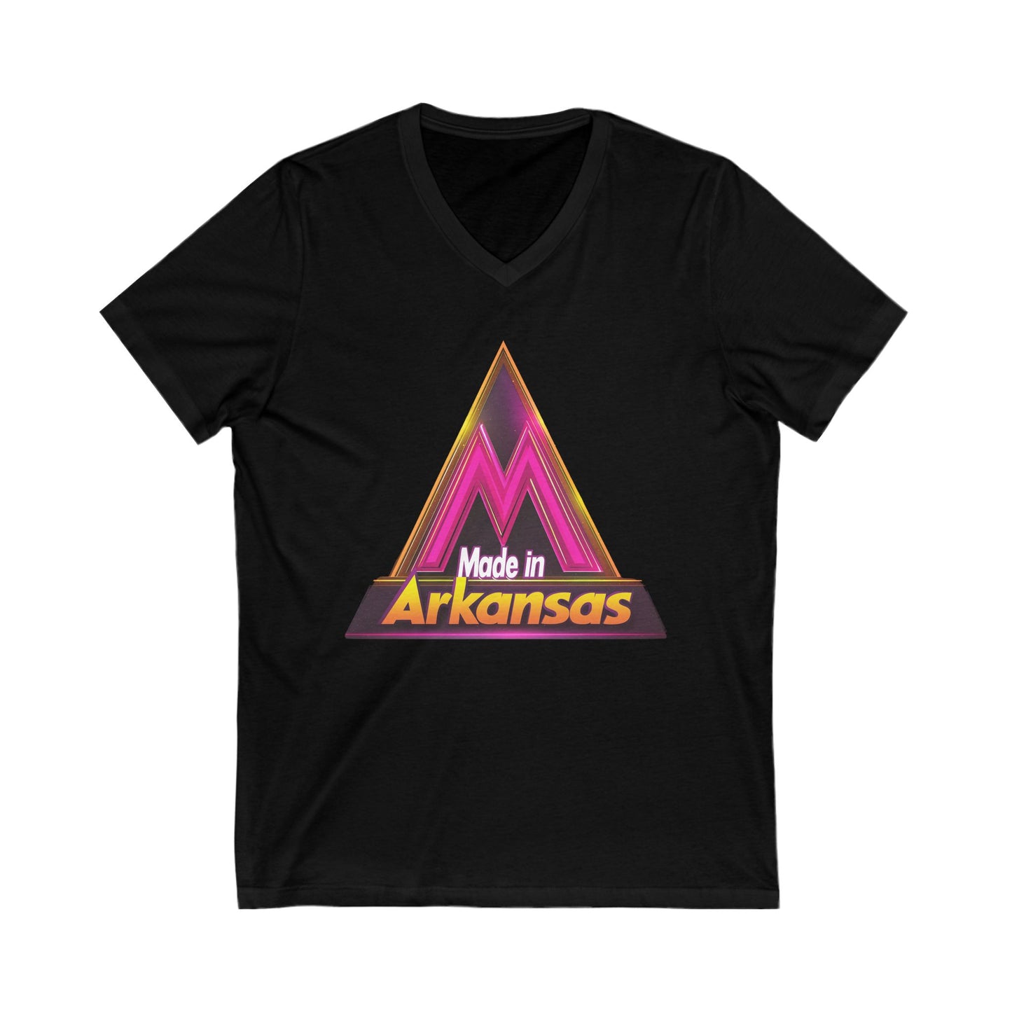 Made in Arkansas Retro Triangle V-Neck | Metallic Pink & Gold State Pride Tee