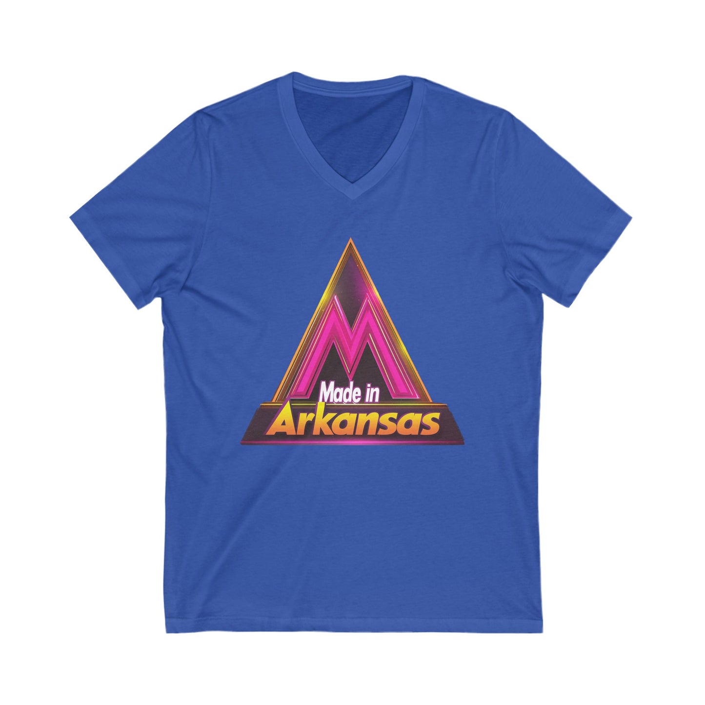 Made in Arkansas Retro Triangle V-Neck | Metallic Pink & Gold State Pride Tee