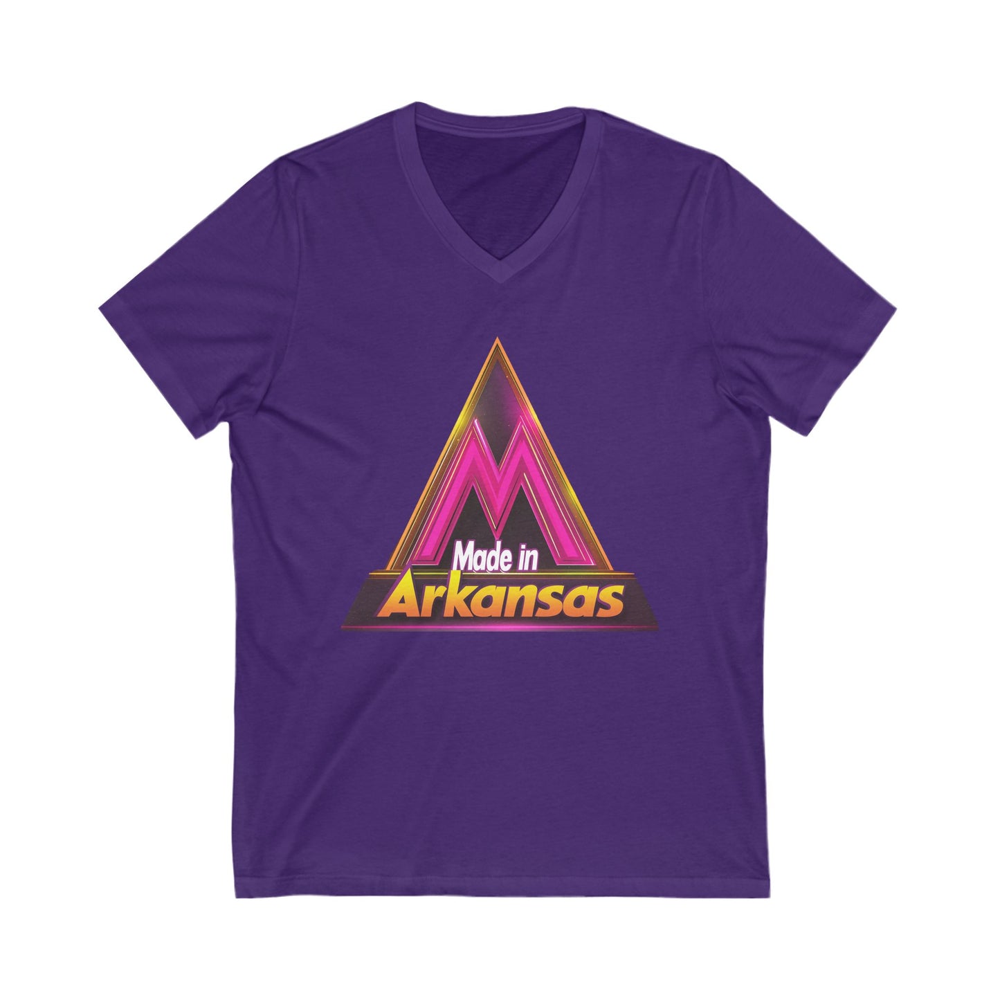 Made in Arkansas Retro Triangle V-Neck | Metallic Pink & Gold State Pride Tee