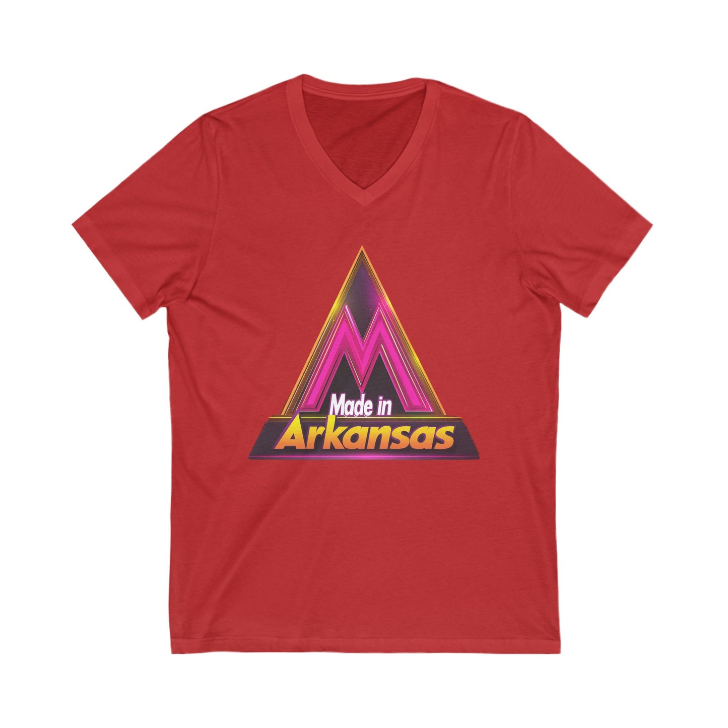 Made in Arkansas Retro Triangle V-Neck | Metallic Pink & Gold State Pride Tee