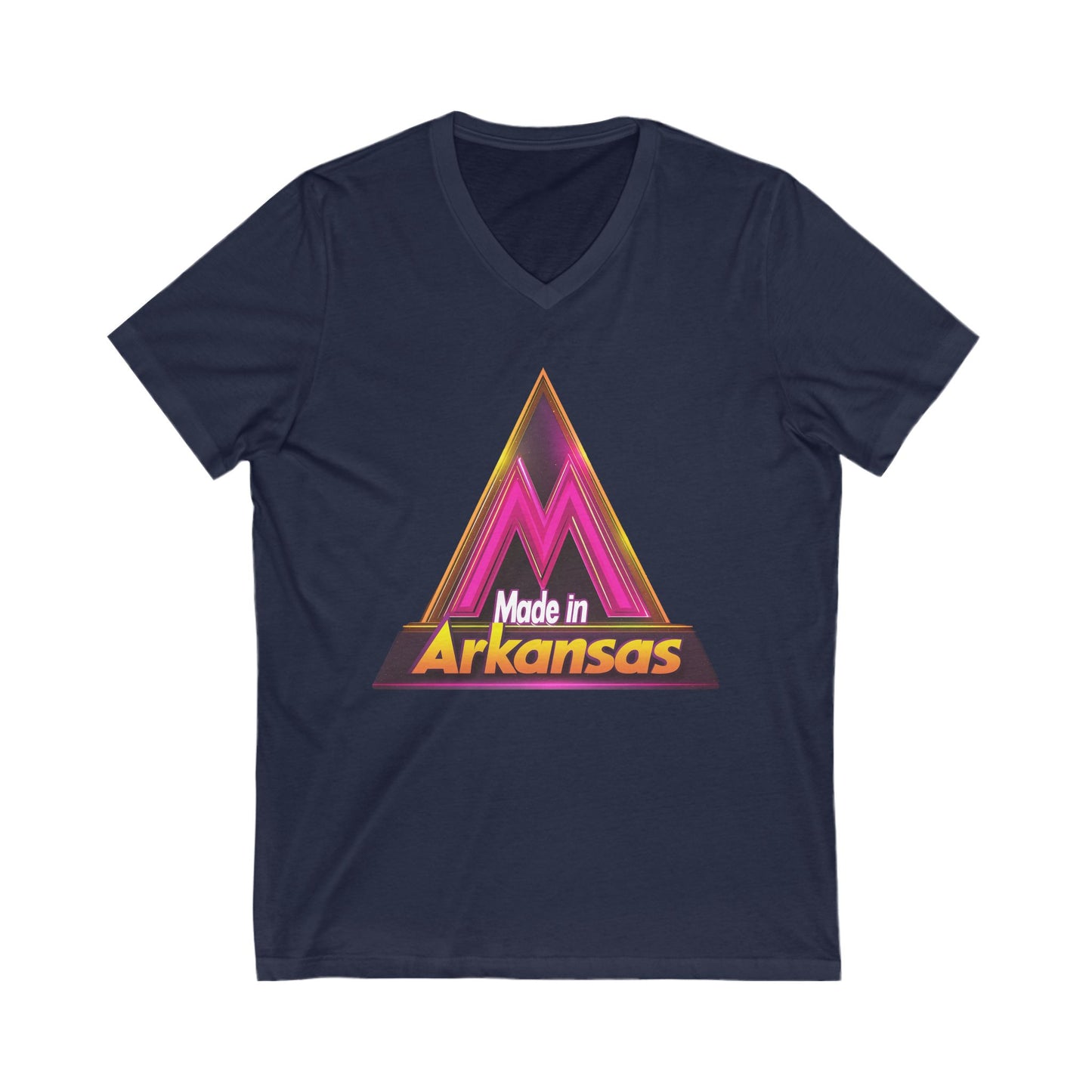 Made in Arkansas Retro Triangle V-Neck | Metallic Pink & Gold State Pride Tee