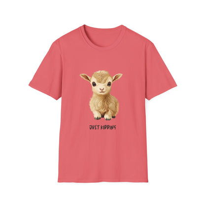 Just Kidding Baby Goat T-Shirt | Cute Farm Animal Pun Tee | Kawaii Goat Design