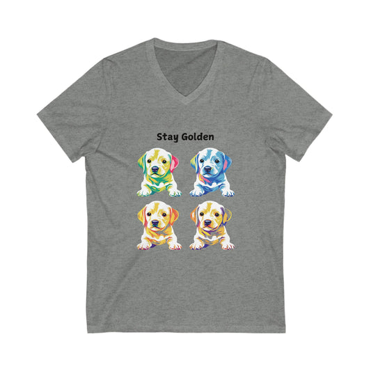 Stay Golden Pop Art Lab V-Neck | Colorful Golden Retriever Puppy T-Shirt