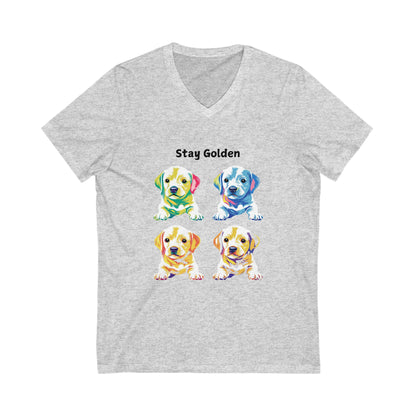 Stay Golden Pop Art Lab V-Neck | Colorful Golden Retriever Puppy T-Shirt