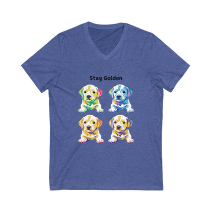 Stay Golden Pop Art Lab V-Neck | Colorful Golden Retriever Puppy T-Shirt