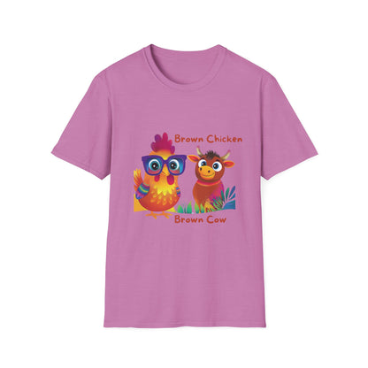 Cute Brown Chicken & Cow Friends T-Shirt | Kawaii Farm Animals Kids Educational Tee
