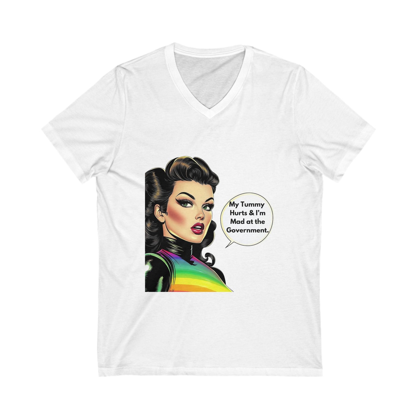 Retro Pin-Up "Mad at Government" V-Neck Tee | Vintage Activist Rainbow T-Shirt