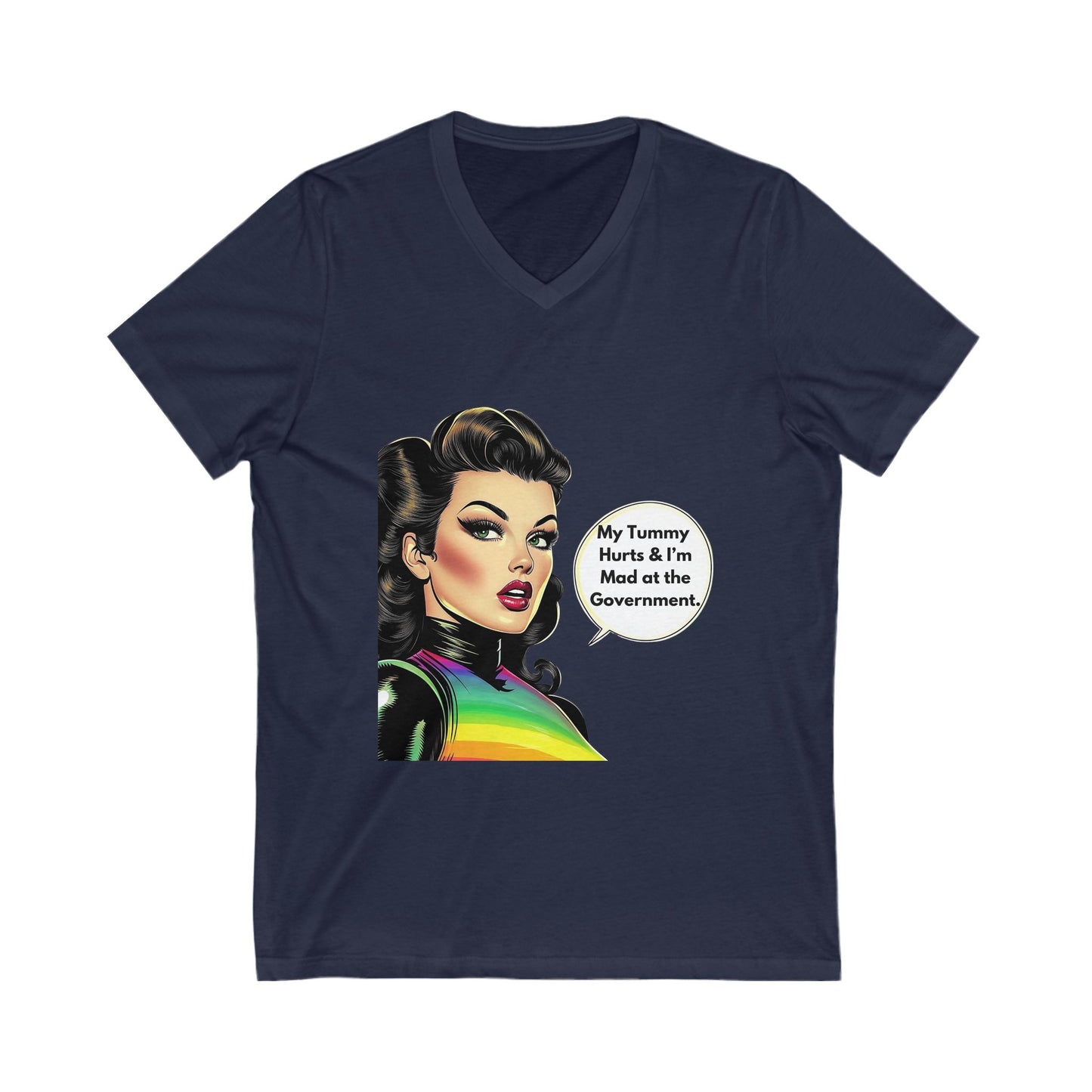 Retro Pin-Up "Mad at Government" V-Neck Tee | Vintage Activist Rainbow T-Shirt