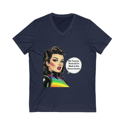 Retro Pin-Up "Mad at Government" V-Neck Tee | Vintage Activist Rainbow T-Shirt