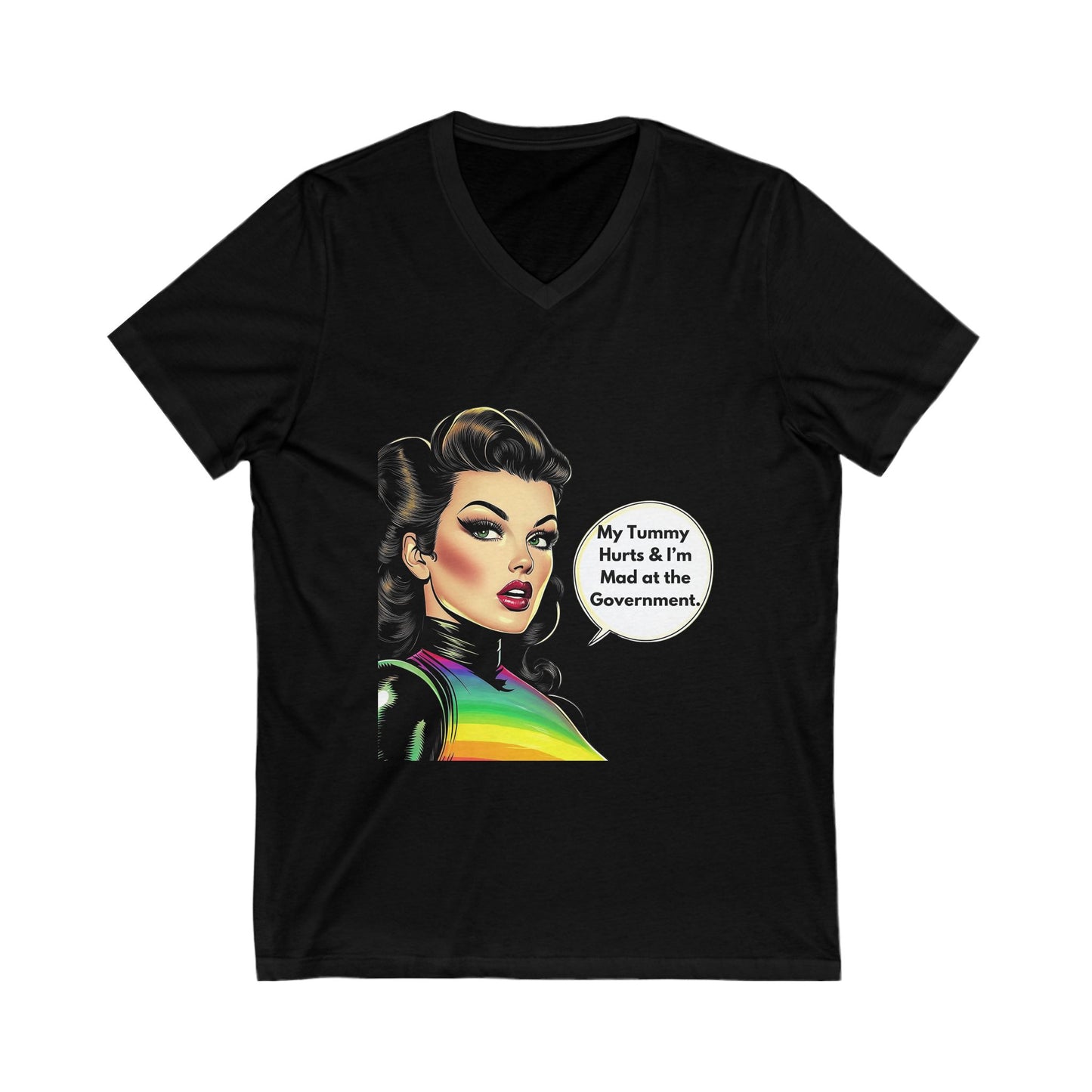 Retro Pin-Up "Mad at Government" V-Neck Tee | Vintage Activist Rainbow T-Shirt