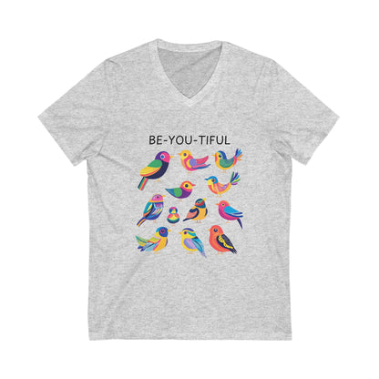 BE-YOU-TIFUL Bird V-Neck T-Shirt | Colorful Rainbow Birds Self-Love Tee