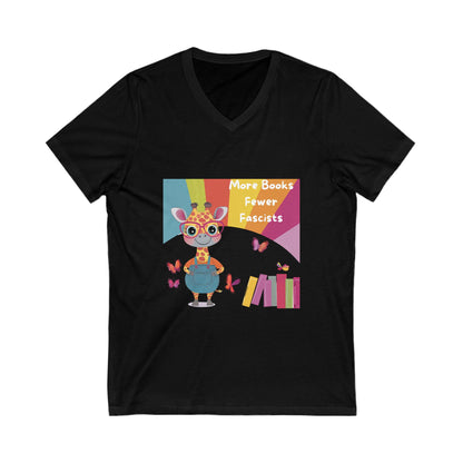 Kawaii Giraffe Reading Anti-Fascist V-Neck T-Shirt | Cute Activist Tee